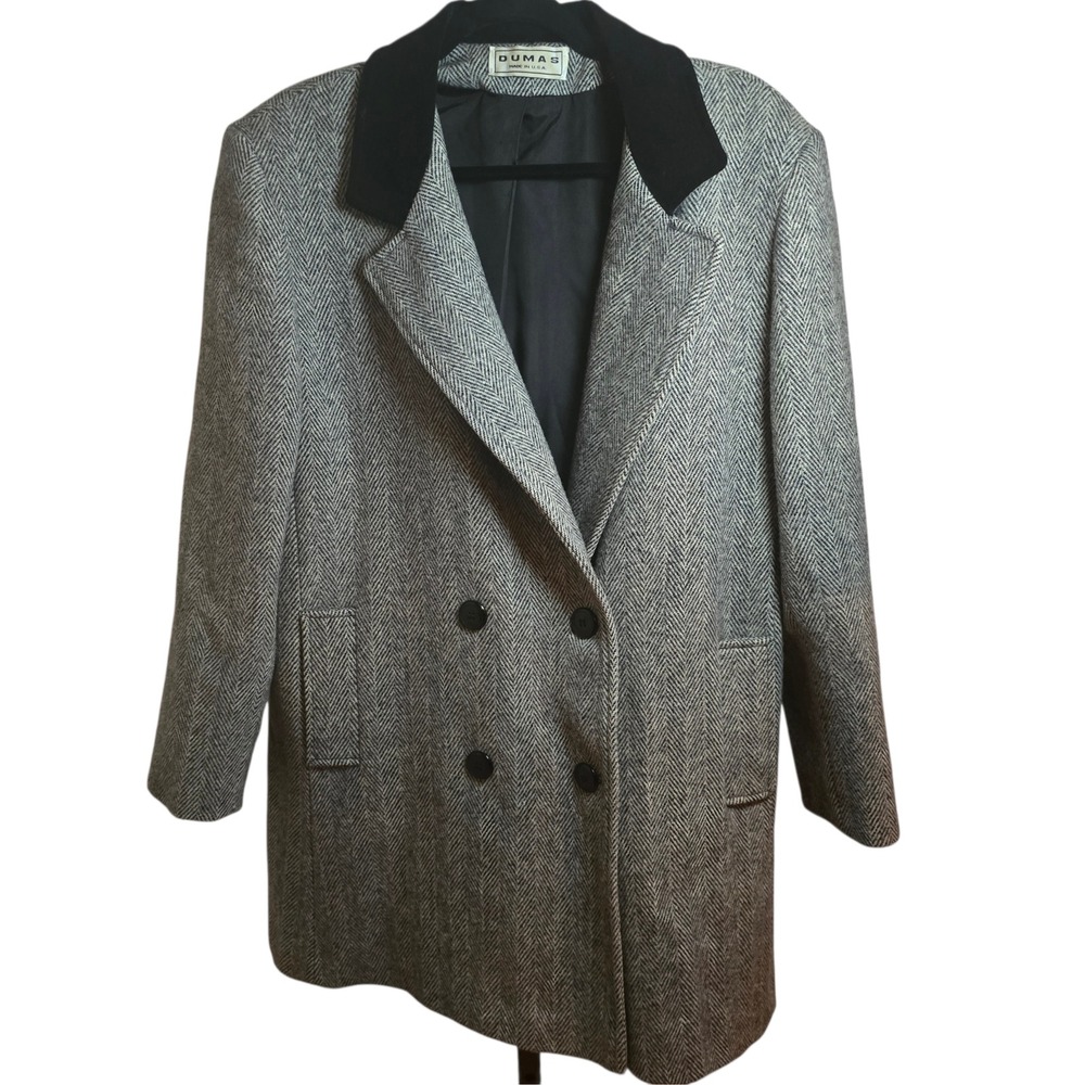 Dumas Made USA‎ Wool Herringbone Coat Velvet Collar Double Breasted XL